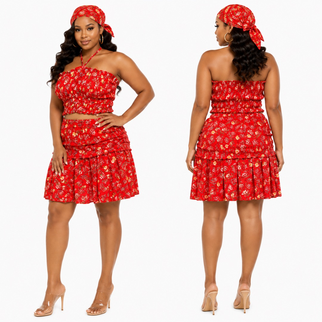 Floral Print Smocked Halter Top and Tiered Mini Skirt Set