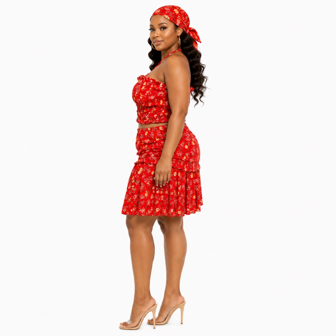 Floral Print Smocked Halter Top and Tiered Mini Skirt Set