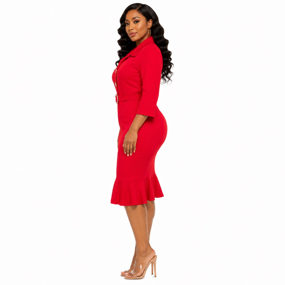 Red Button Front Fitted Midi Dress with Waist Belt