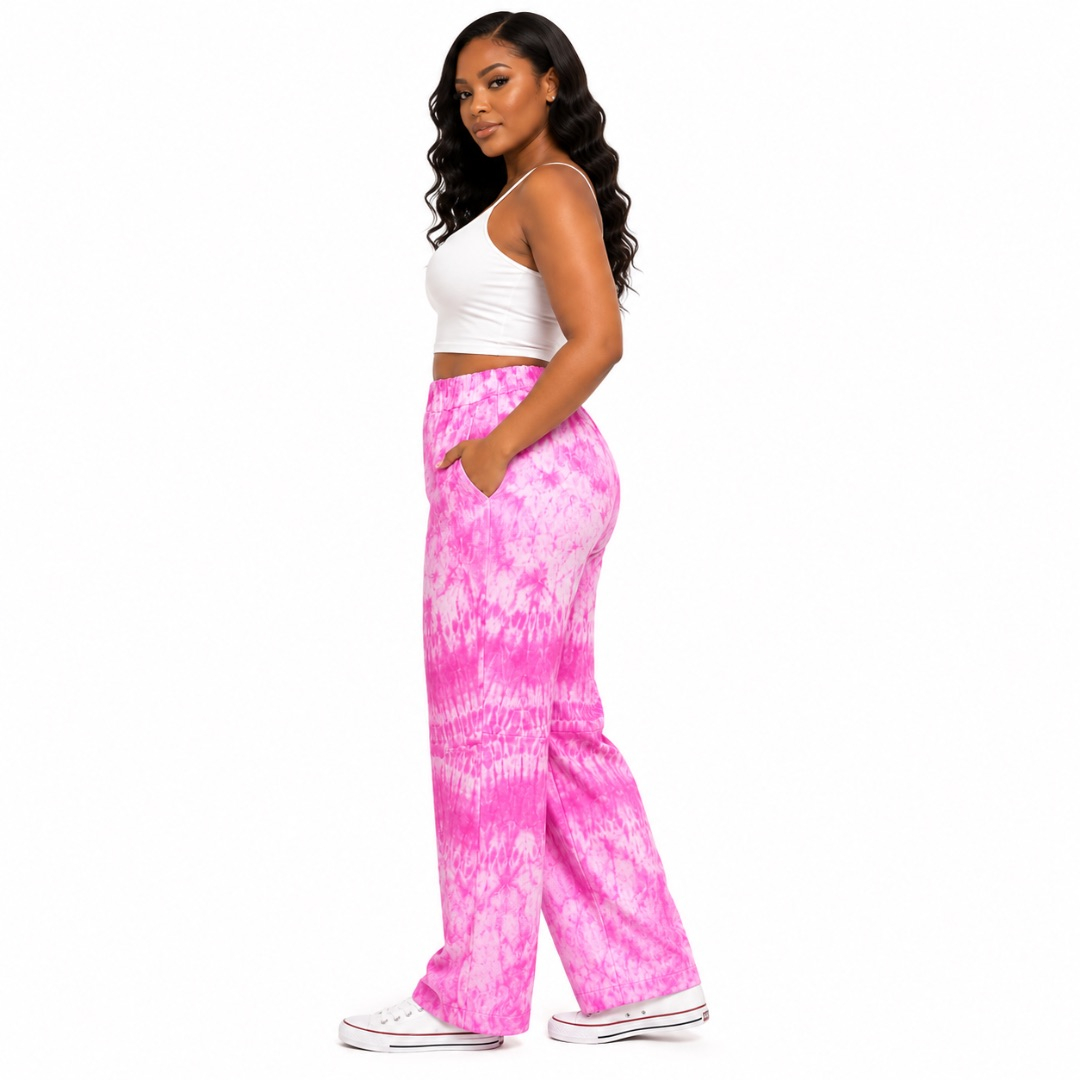 Bohemian Tie Dye Wide Leg Pants  Pink & White