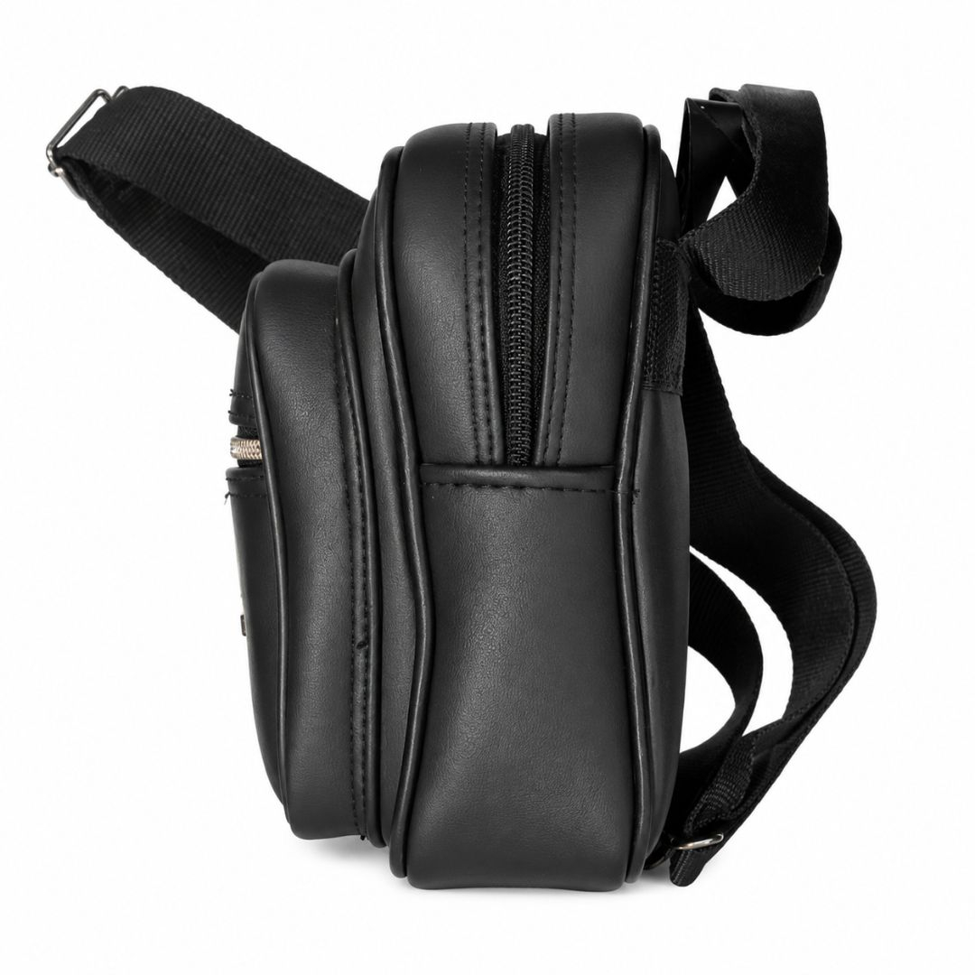 Smooth Black Leather  crossbody bag with Metal Detail