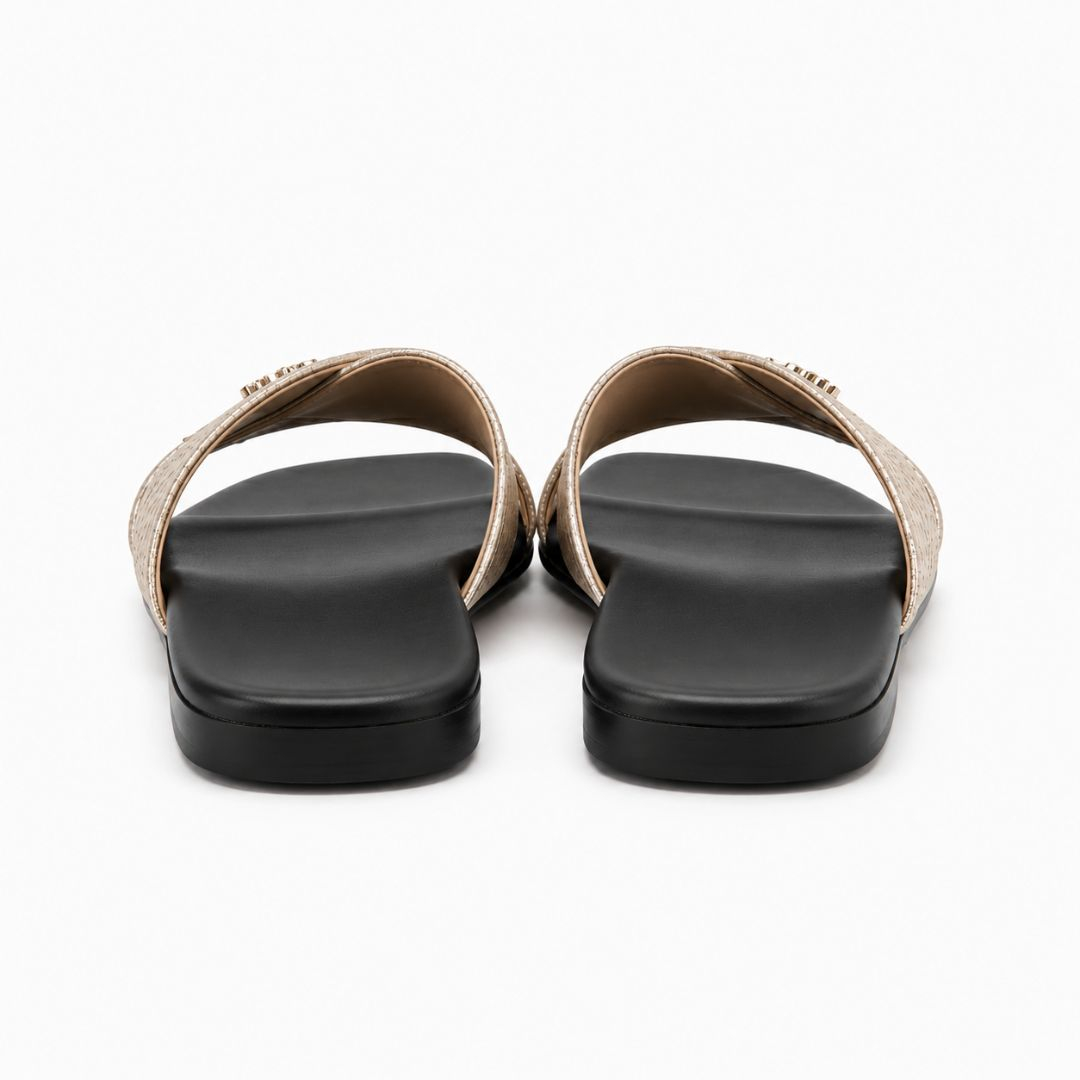 Women Metallic Cross Strap Flat Slide Sandals