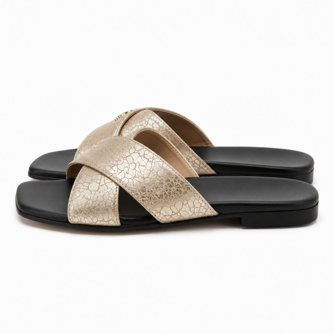 Women Metallic Cross Strap Flat Slide Sandals