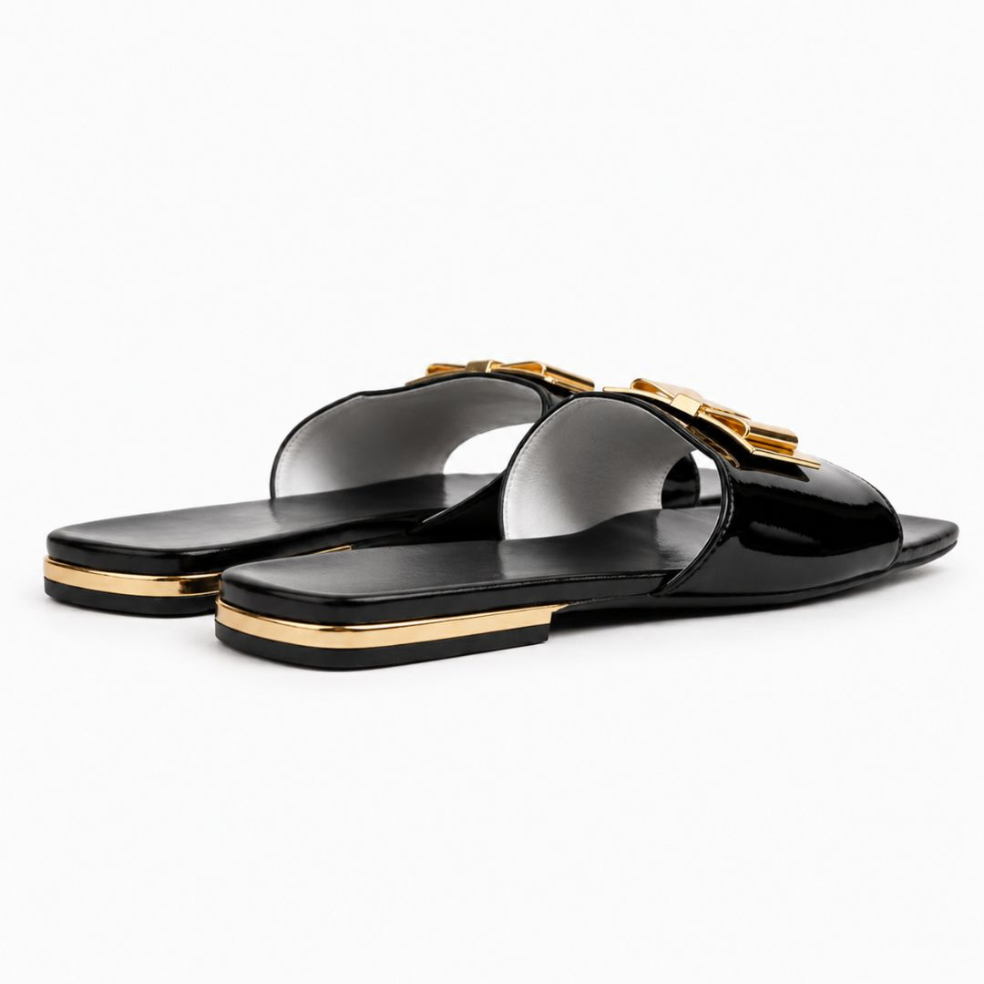 Women Glossy SlipOn Heeled Sandals with Metal Accent