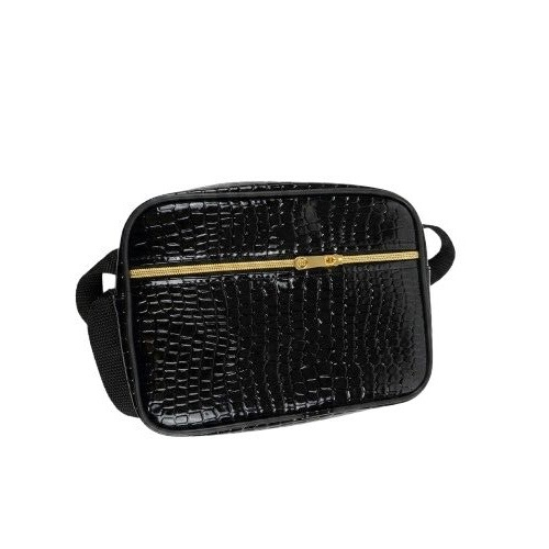 Compact Black Crocodile Textured Sling Bag with Gold Accents