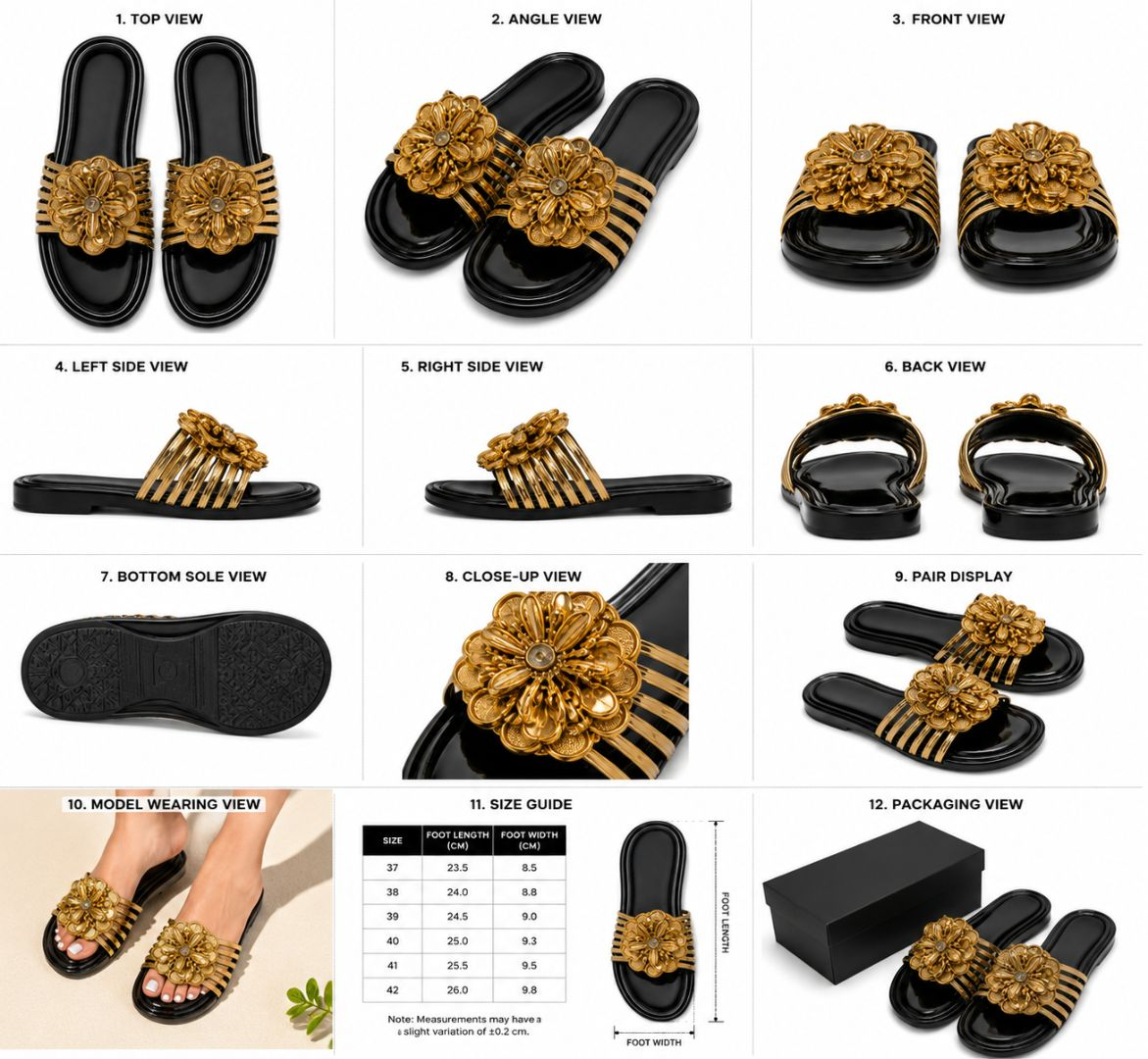 Womens Luxury Black and Gold Slide Sandals