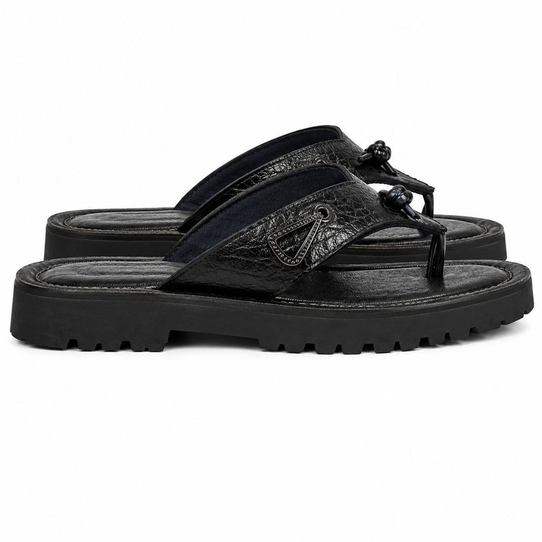 Black Leather Sandal with Toe Loop and Contoured Footbed