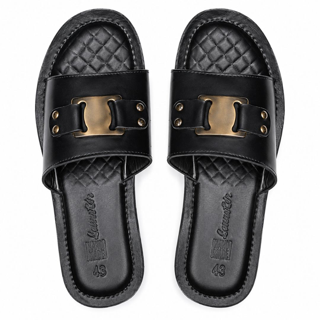 Premium Black Slide Sandals with Metal Buckle Accent