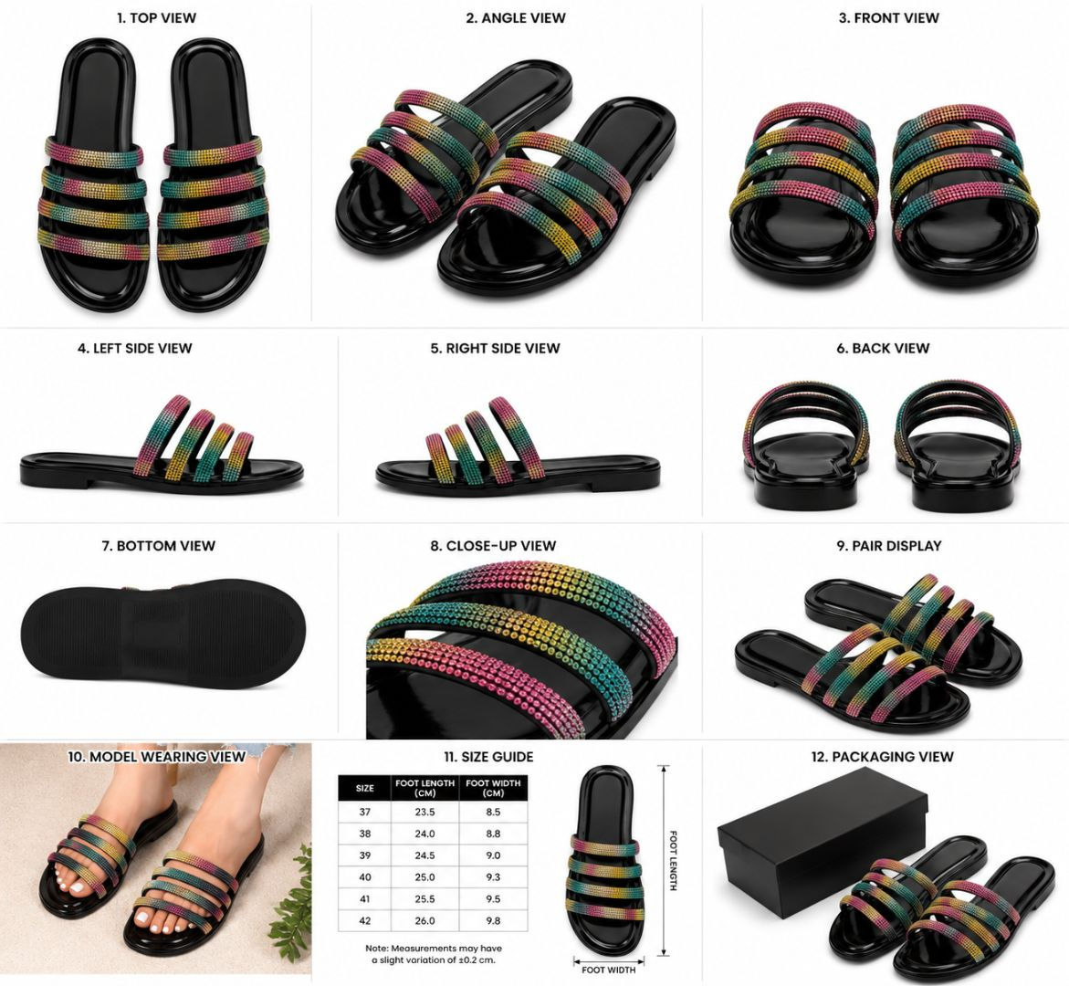 Black Multicolor Rhinestone Strap Slide Sandals