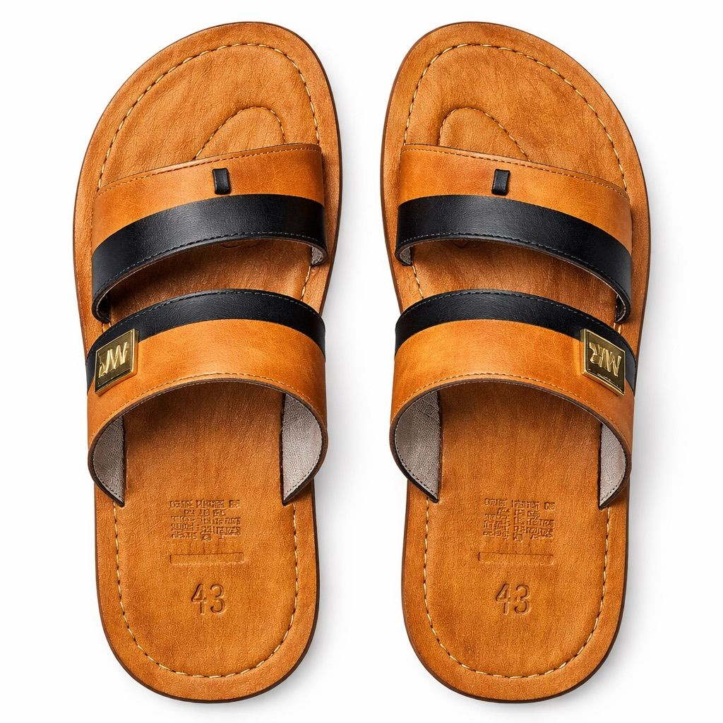 Mens  Brown and Black Leather Sandal with Dual Strap and Toe Loop