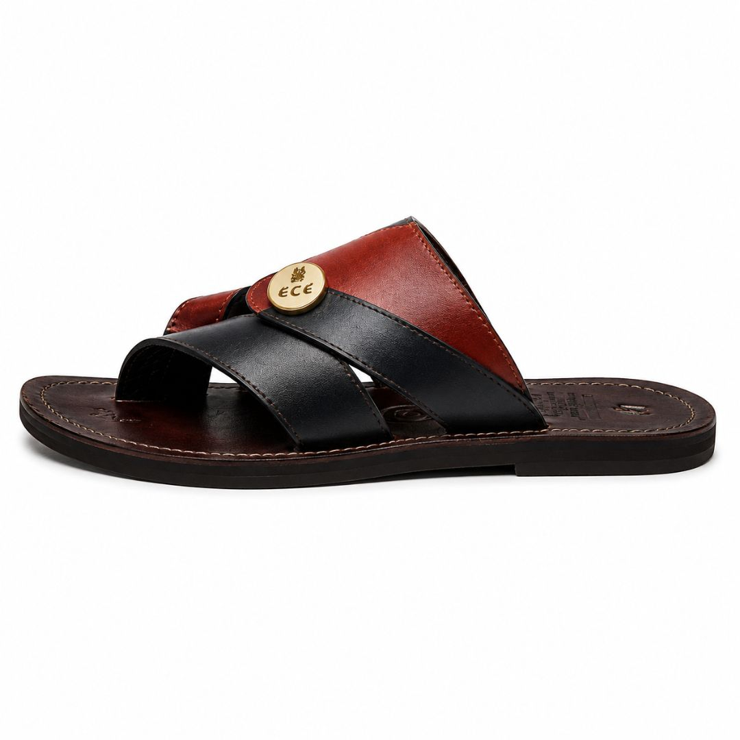Mens Brown and BlackLeather Sandal with V Strap Design and Metal Accent