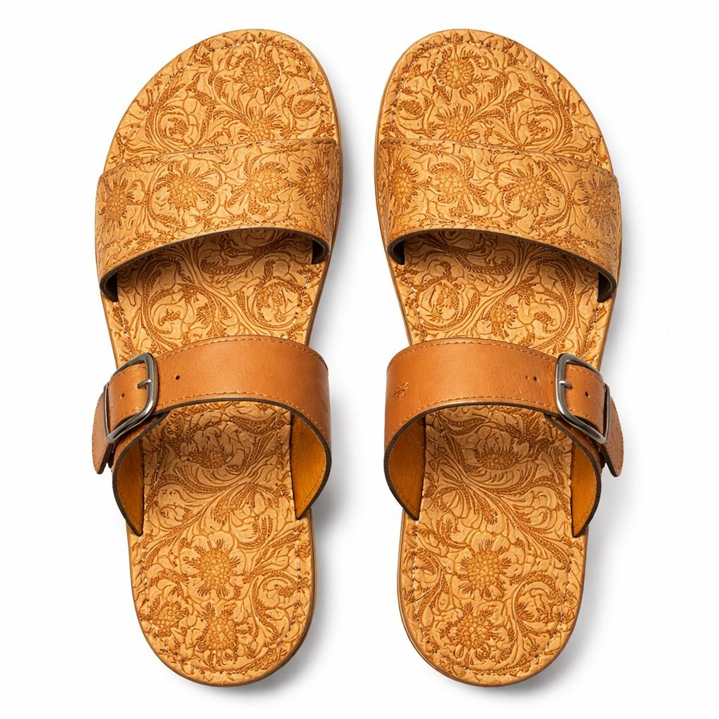 Mens Brown Leather Sandal with  Full Embossed Floral Design and Adjustable Strap