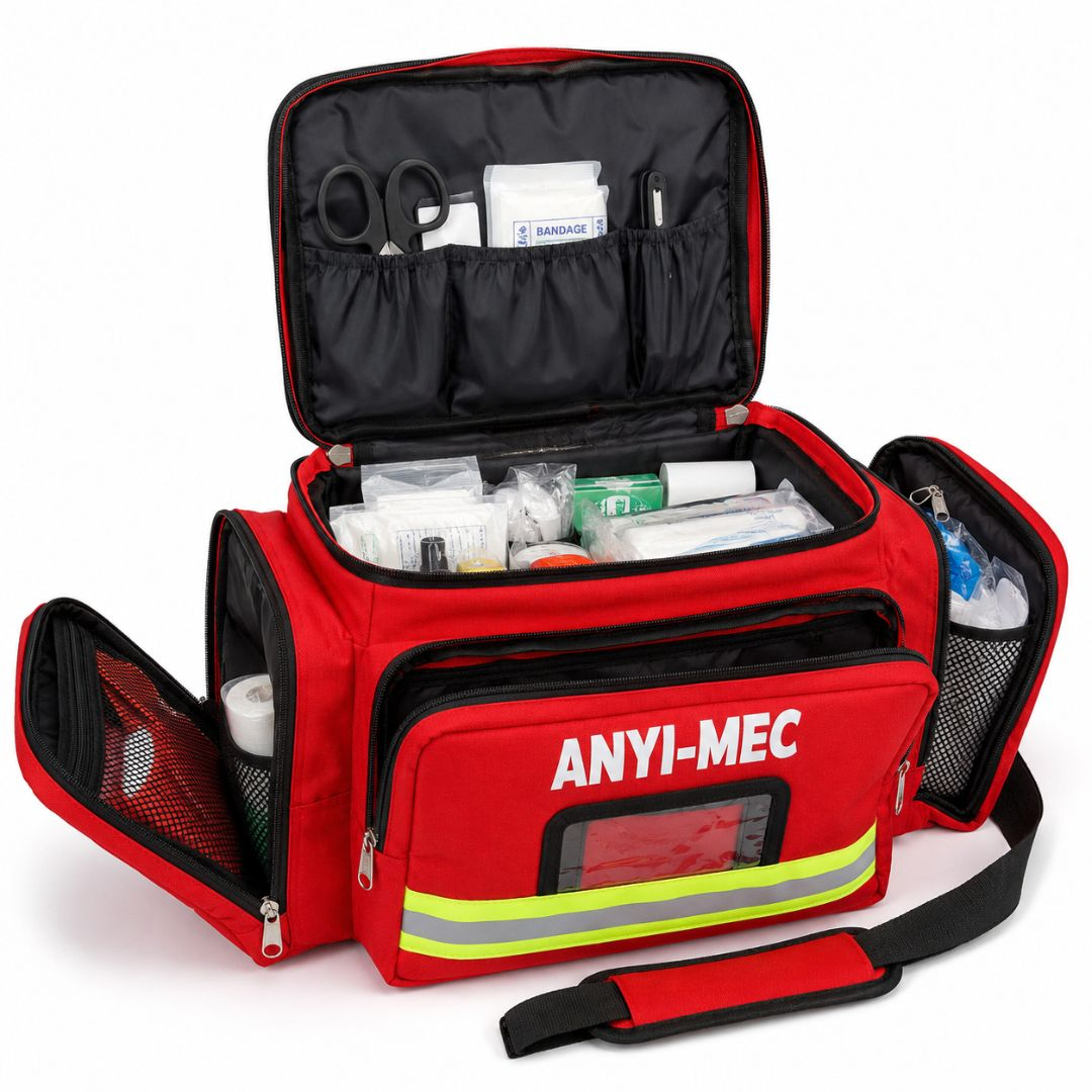 Red Emergency Medical Bag with Reflective Strip and Multiple Compartments