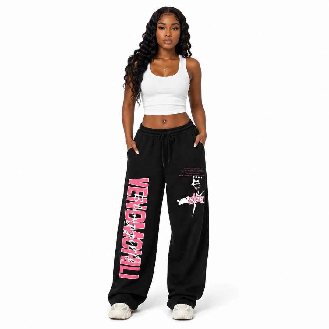 Black Vertical Graphic Wide Leg Pants  Pink Street Style Drawstring Trousers