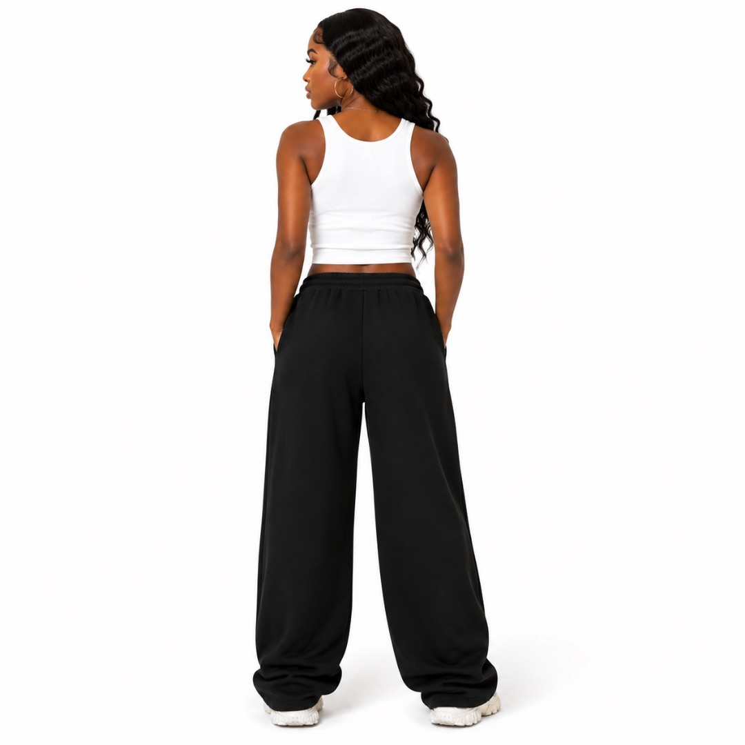 Black Vertical Graphic Wide Leg Pants  Pink Street Style Drawstring Trousers