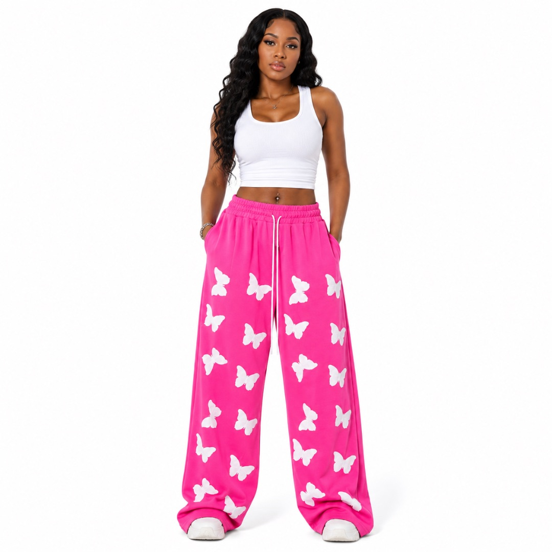 Vibrant Pink Wide leg Pants with Butterfly Print