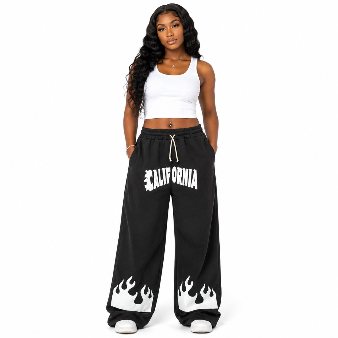 Black Wide Leg Pants with Graphic Designs