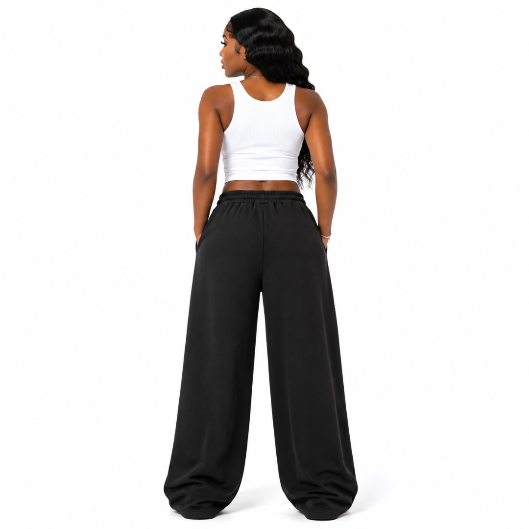 Black Wide Leg Pants with Graphic Designs