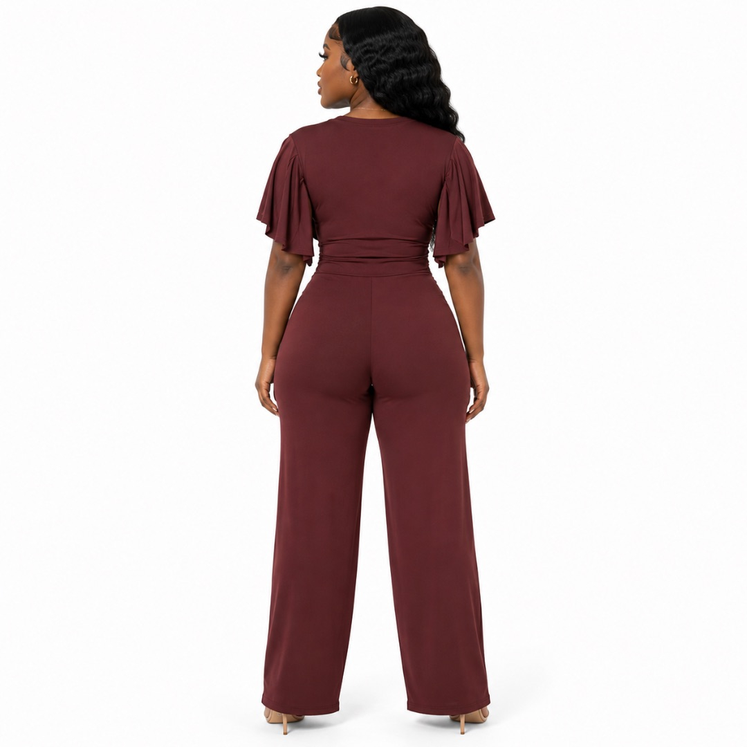 Chocolate Wrap Jumpsuit  Flutter Sleeve Wide Leg Jumpsuit
