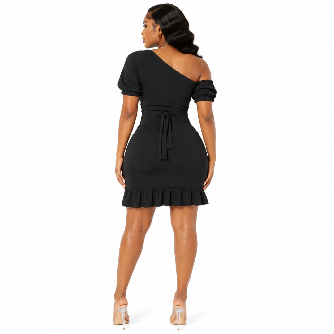 Black One Shoulder Mini Dress Tie Waist Bodycon with Ruffle Hem