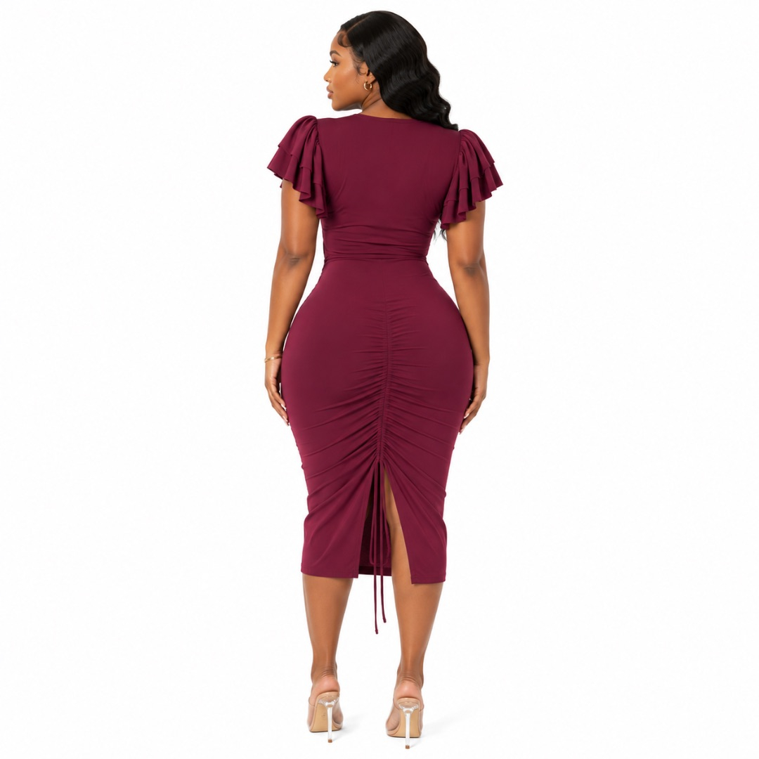 Wine Wrap Midi Dress  Ruched Bodycon with Flutter Sleeves