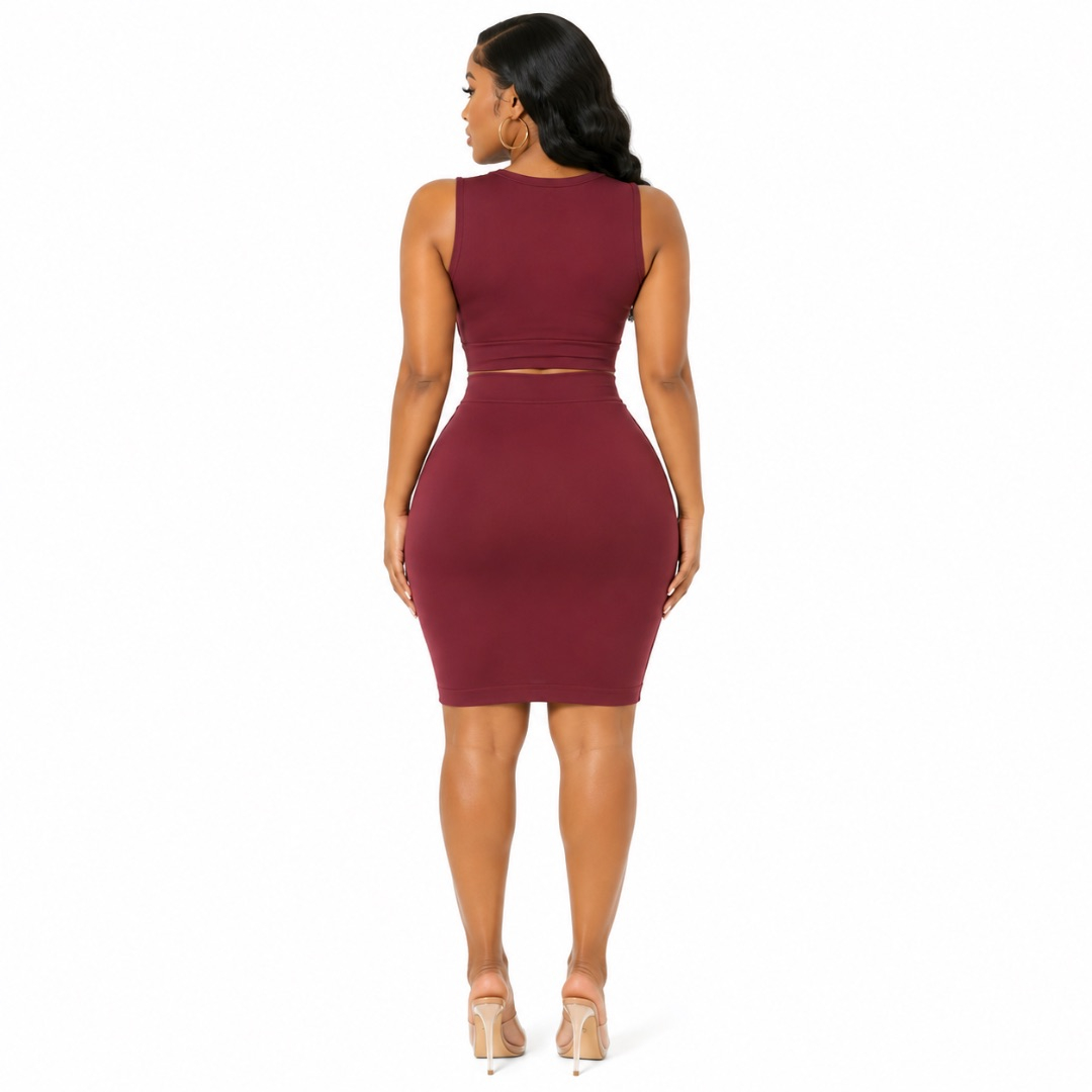 Wine Two Piece Skirt Set Button Detail Crop Top & Mini Skirt