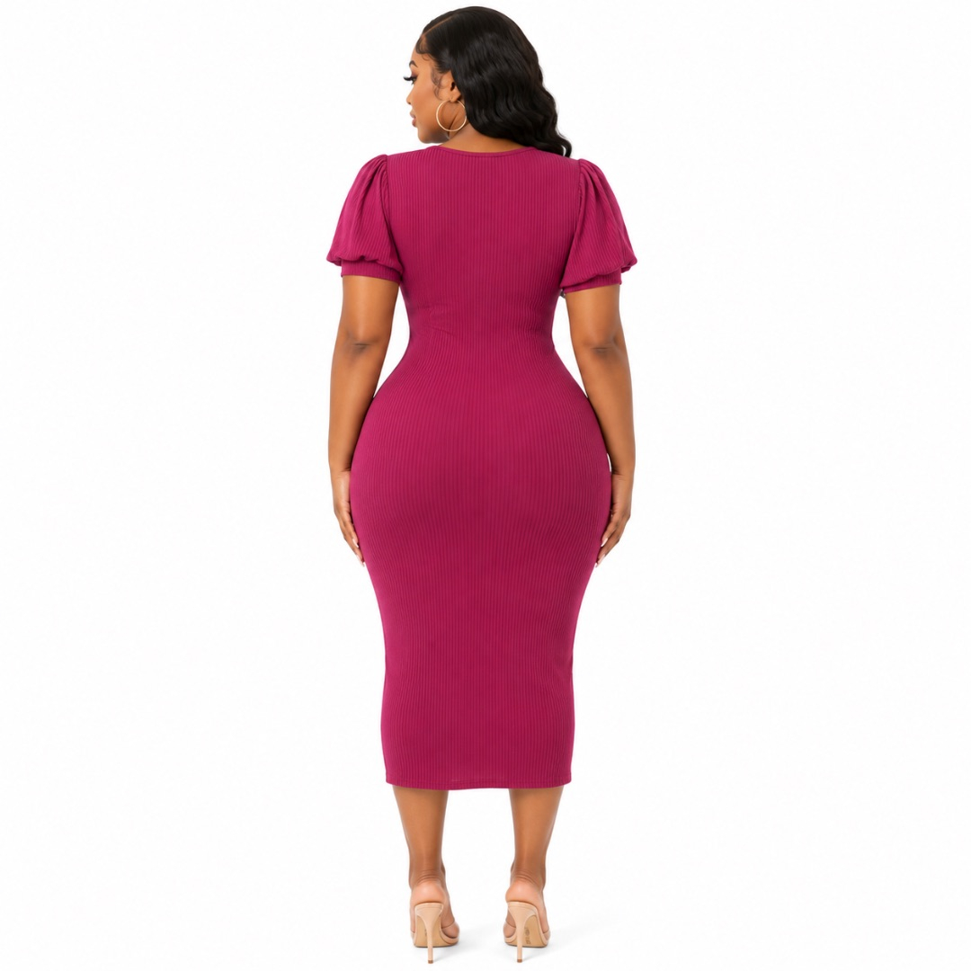 Burgundy Polka Dot Ruched Midi Dress with Front Ruffle Detail