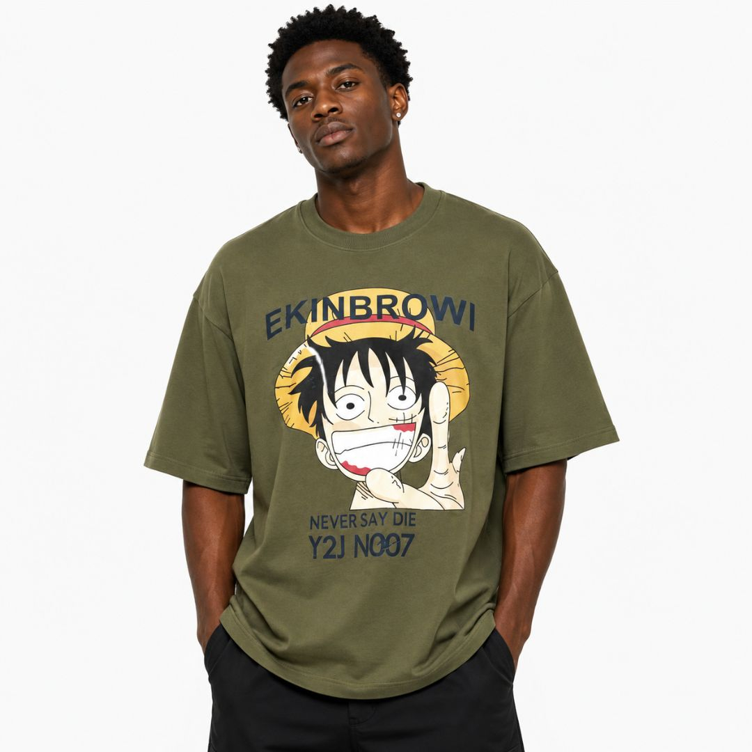 Mens Army Green Oversized Anime Graphic Round Neck T Shirt