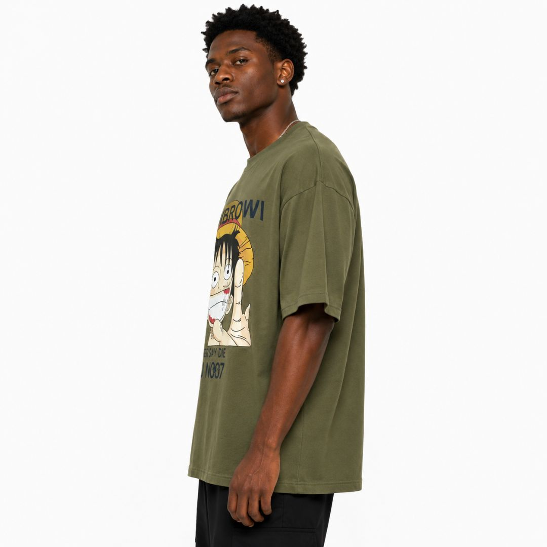 Mens Army Green Oversized Anime Graphic Round Neck T Shirt