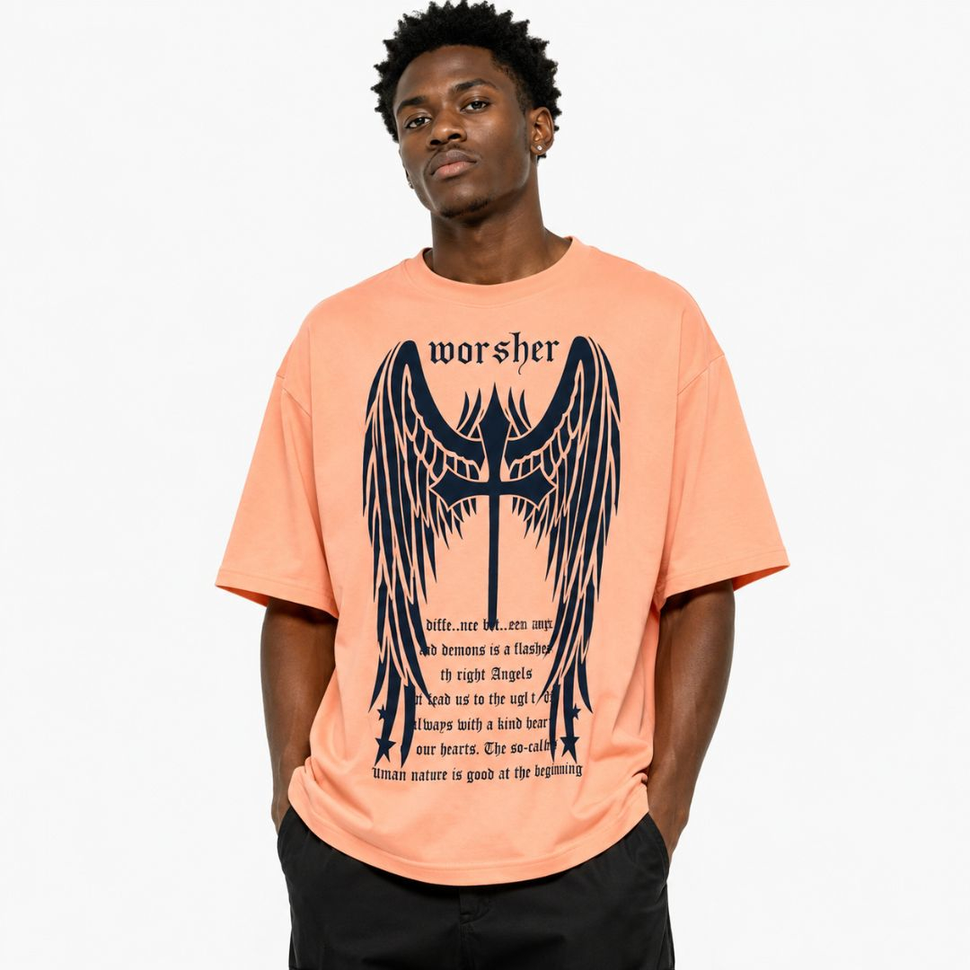Mens Oversized Angel Wings Graphic Round Neck T Shirt