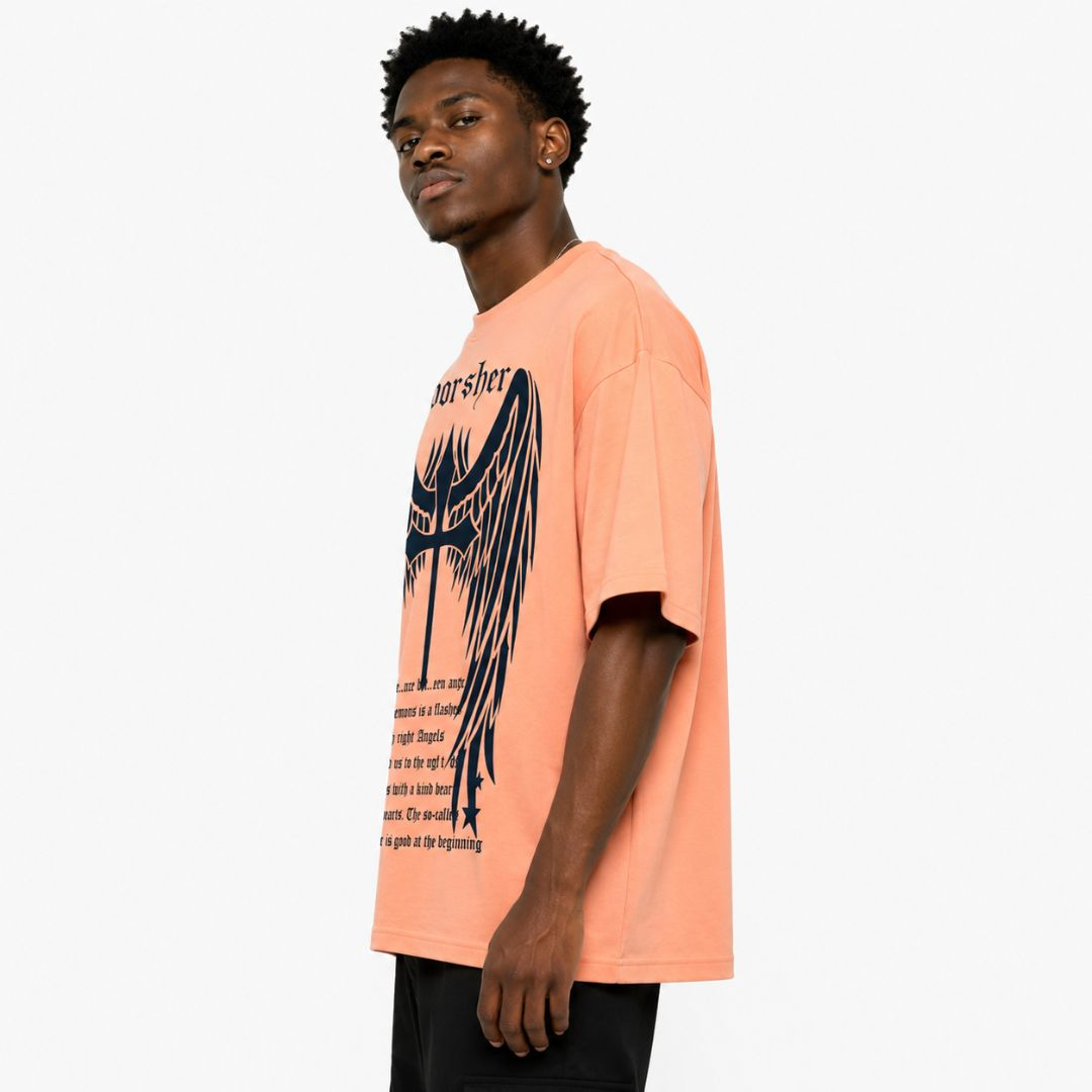 Mens Oversized Angel Wings Graphic Round Neck T Shirt