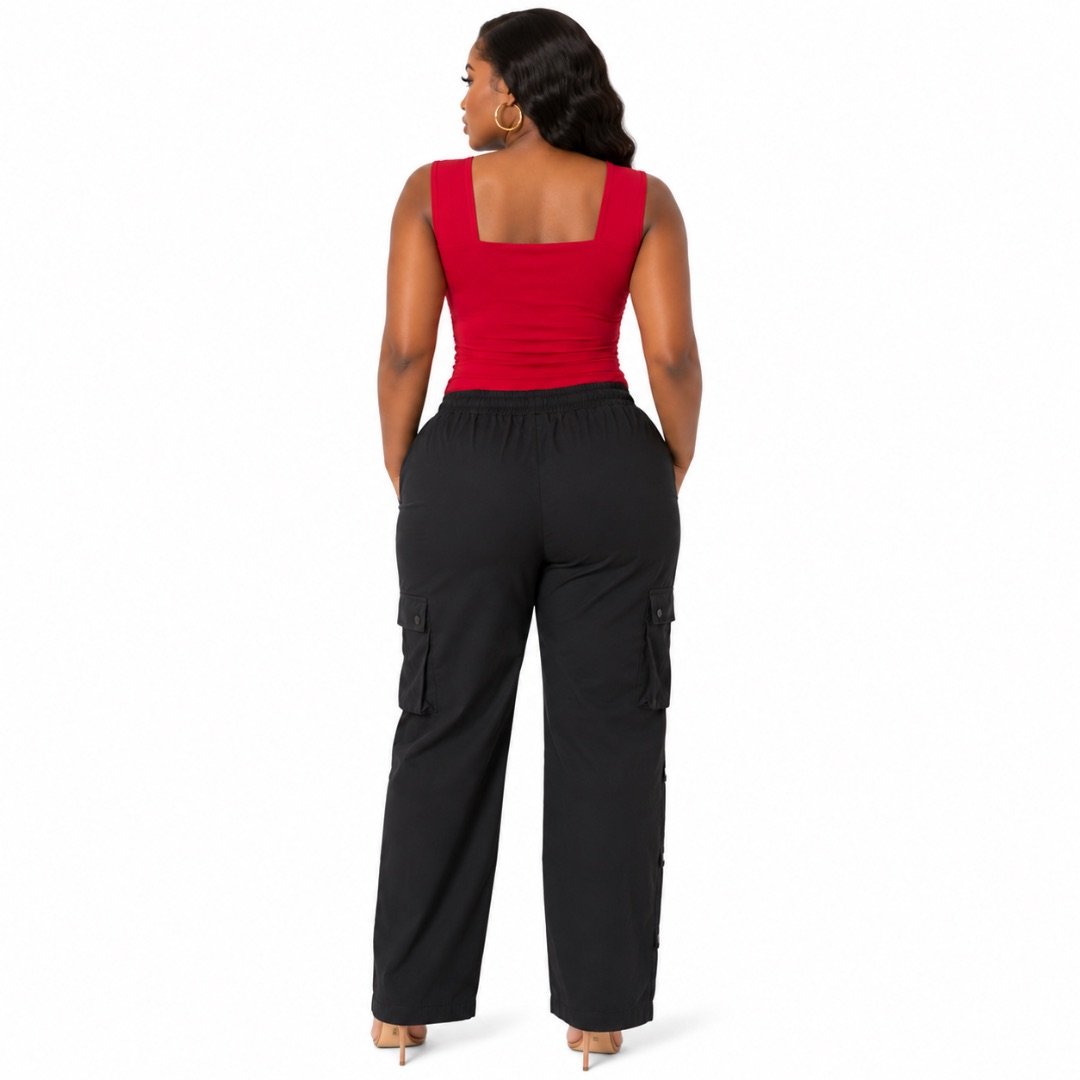 Red Sleeveless Fitted Top and Black Cargo Trousers Set