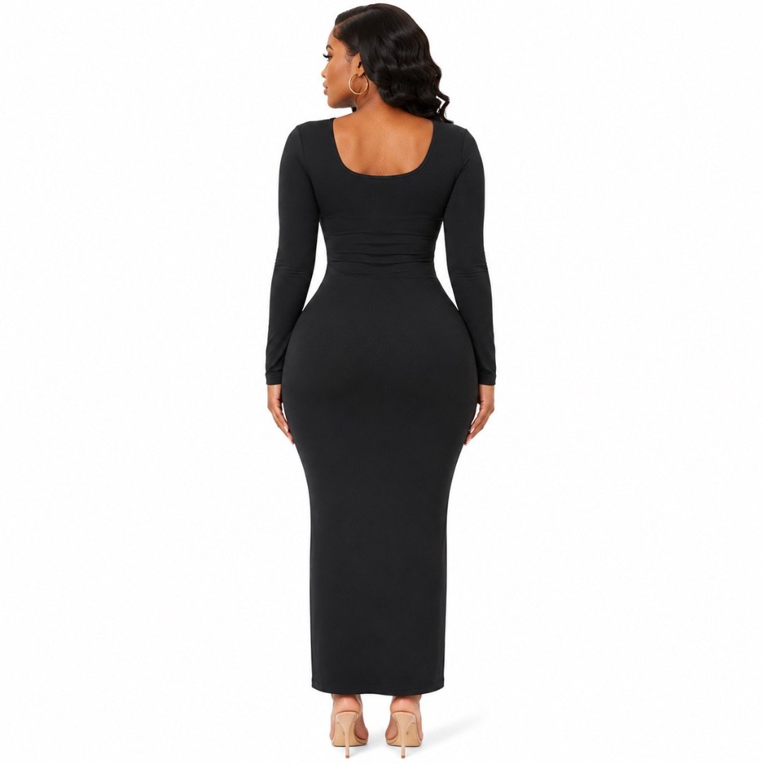 Black Long Sleeve Bodycon Midi Dress with Square Neckline