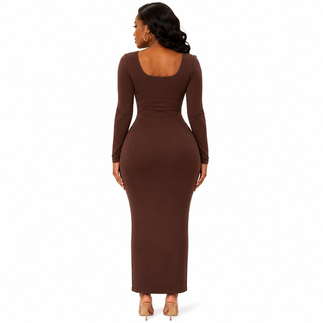 Brown Long Sleeve Bodycon Midi Dress with Square Neckline