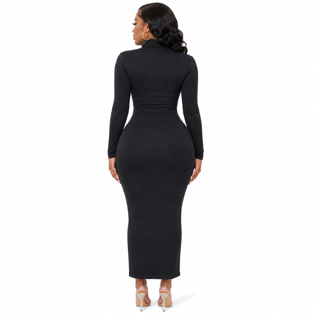 Black Long Sleeve Bodycon Mini Dress with Front Knot Detail