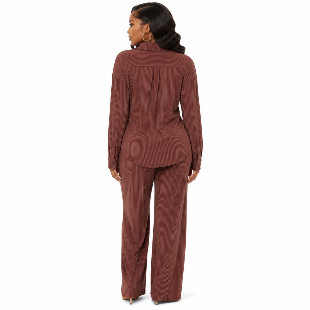 Brown Pleated ButtonUp Shirt and WideLeg Pants TwoPiece Set