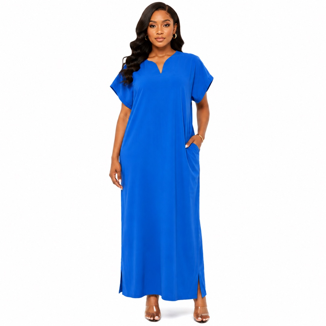Blue Relaxed Fit Kaftan Maxi Dress with Keyhole Neck Detail