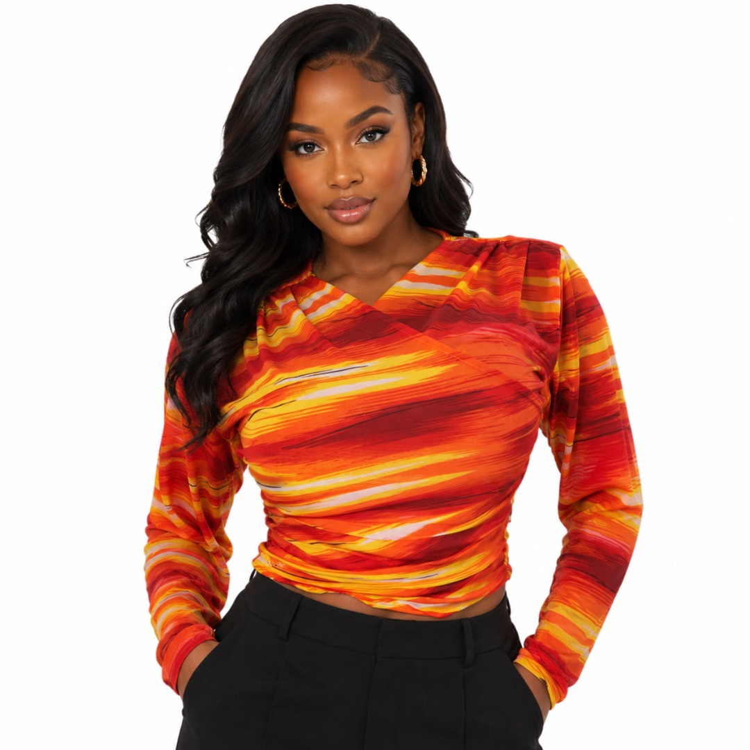 Multicolor WrapStyle Long Sleeve Crop Top