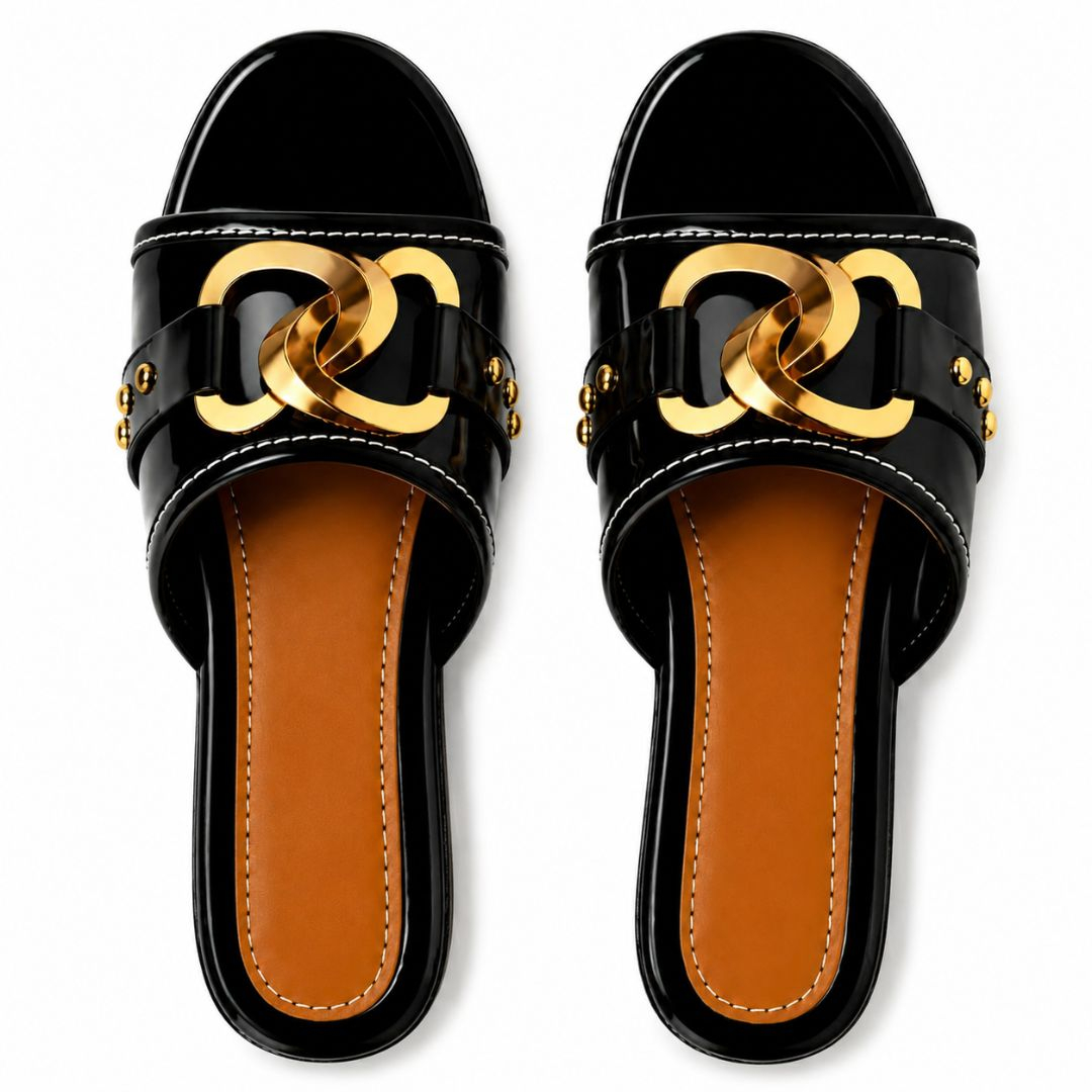 Womens Black Heeled Slippers with Gold Accent