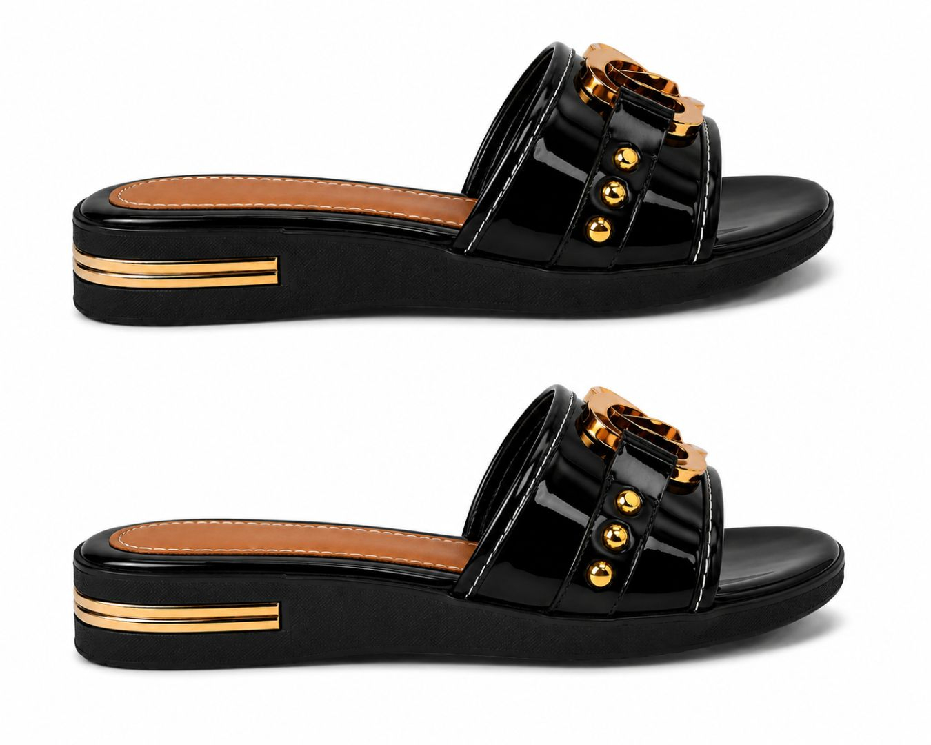 Womens Black Heeled Slippers with Gold Accent