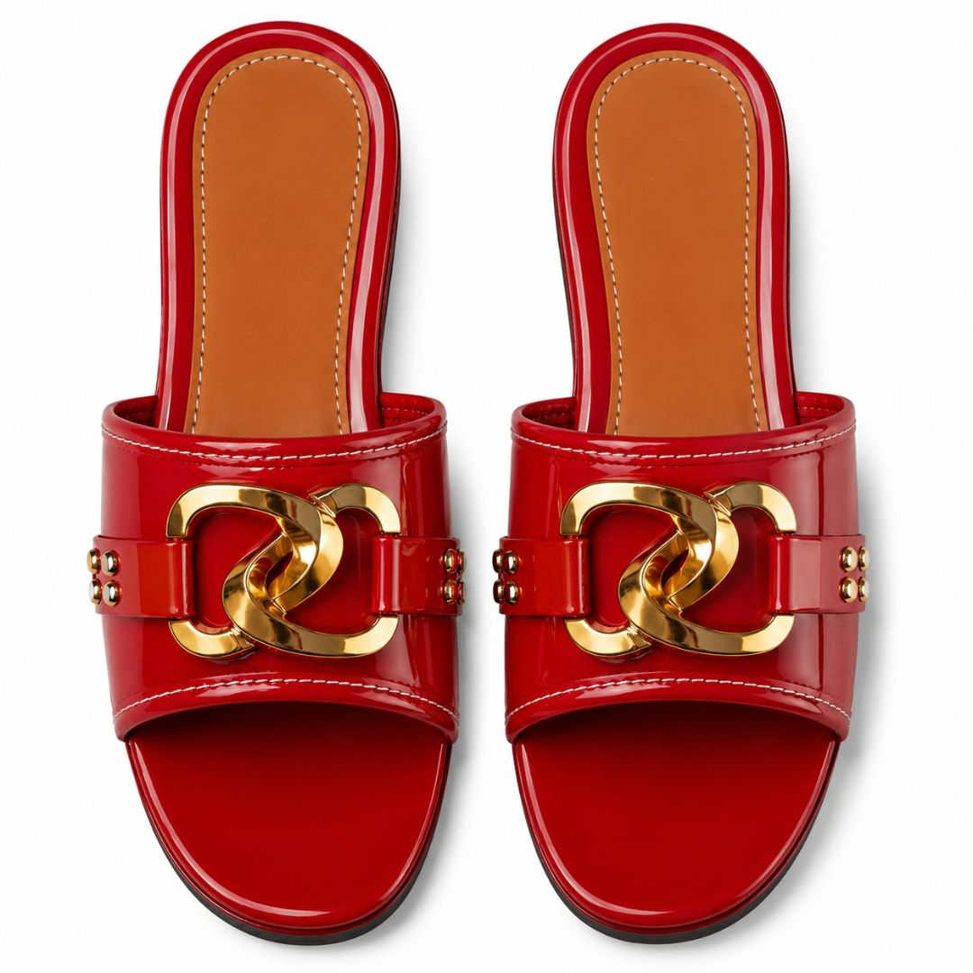 Womens Glossy Red Patent Embellished Wedge Slides