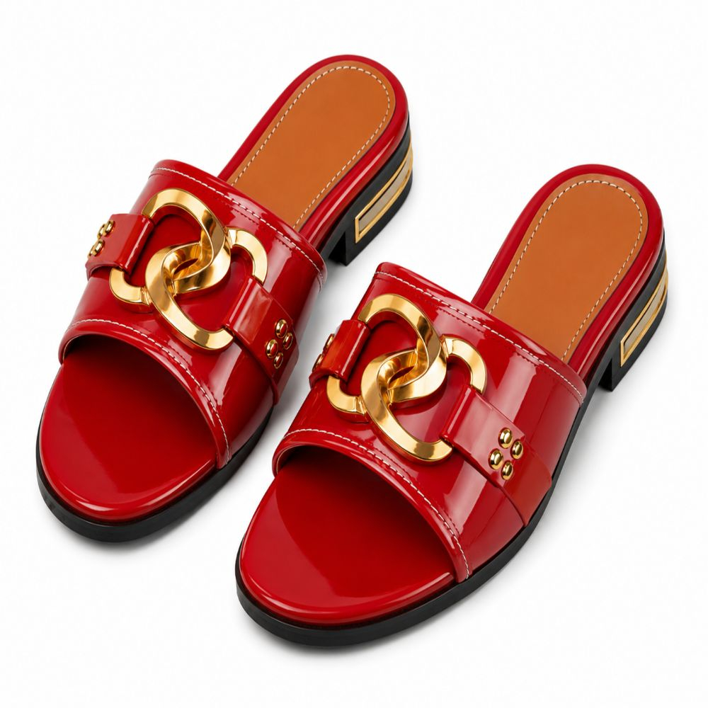 Womens Glossy Red Patent Embellished Wedge Slides