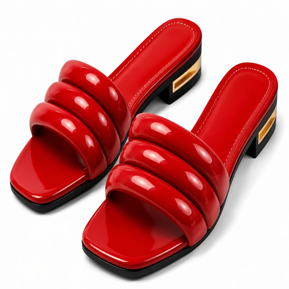 Womens Padded Triple Strap Red Patent Slides