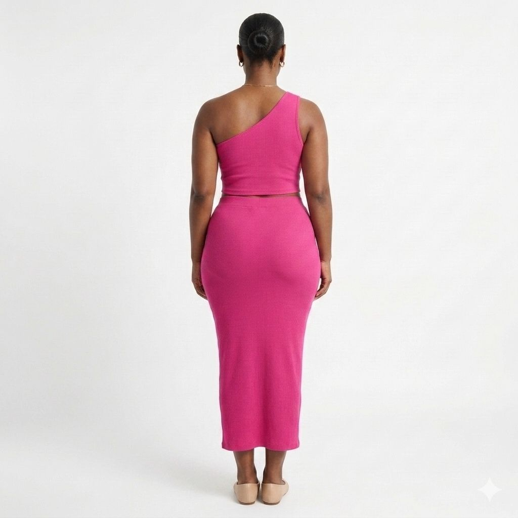 Ruched One Shoulder Top & Bodycon Midi Skirt Two Piece Set