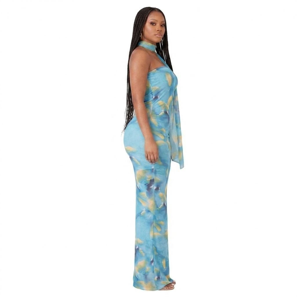 Abstract Print Halter Neck Bodycon Maxi Dress Elegant Fitted Outfit