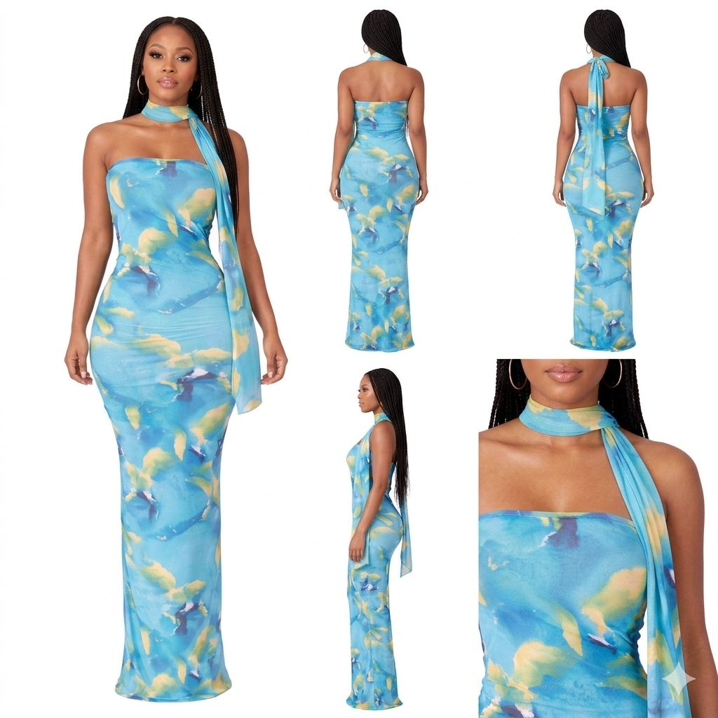 Abstract Print Halter Neck Bodycon Maxi Dress Elegant Fitted Outfit