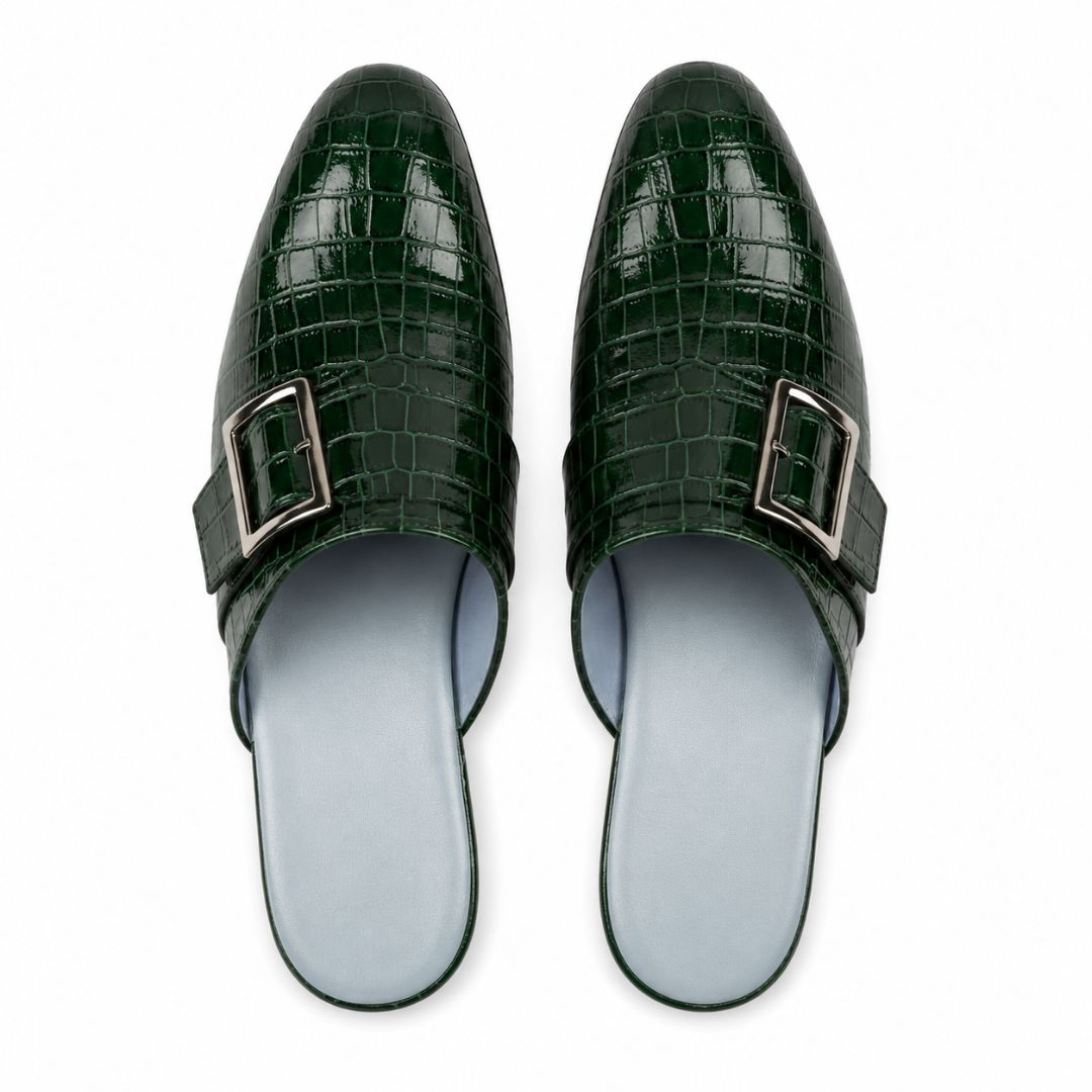 Emerald Green Croc Embossed Buckle Mules