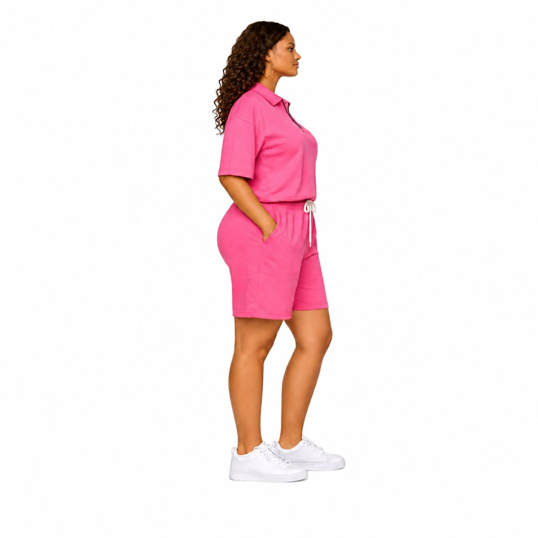 Hot Pink Zip Neck Lounge Set (Top & Shorts)