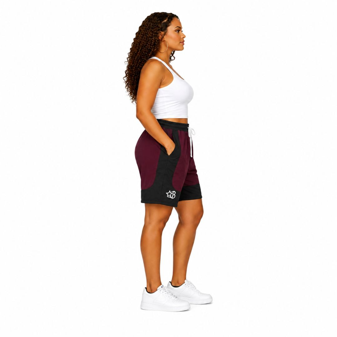 Burgundy & Black Colorblock Lounge Shorts with Drawstring Waist