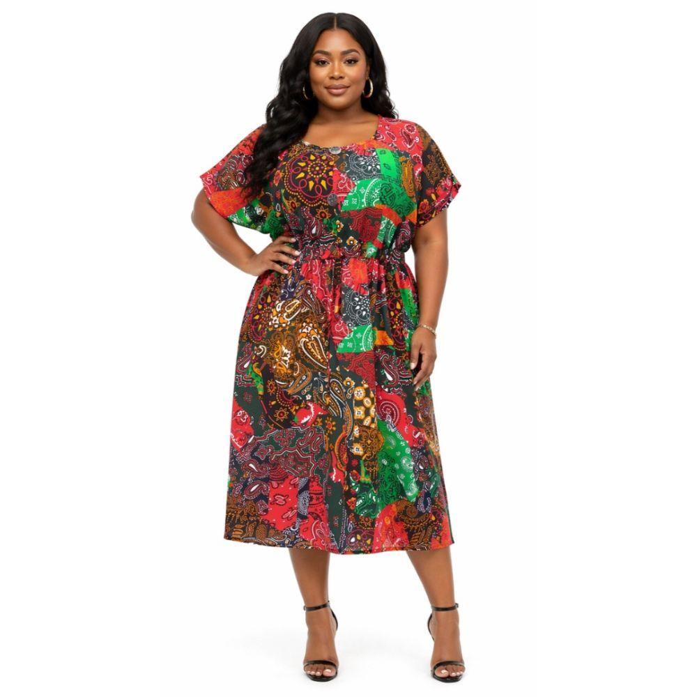 Womens Multicolor Patchwork Print Midi Dress with  Drawstring Waist